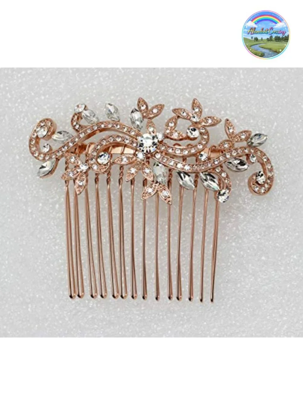Clear Rhinestone Crystal Floral Hair Comb, Rose Gold Plated